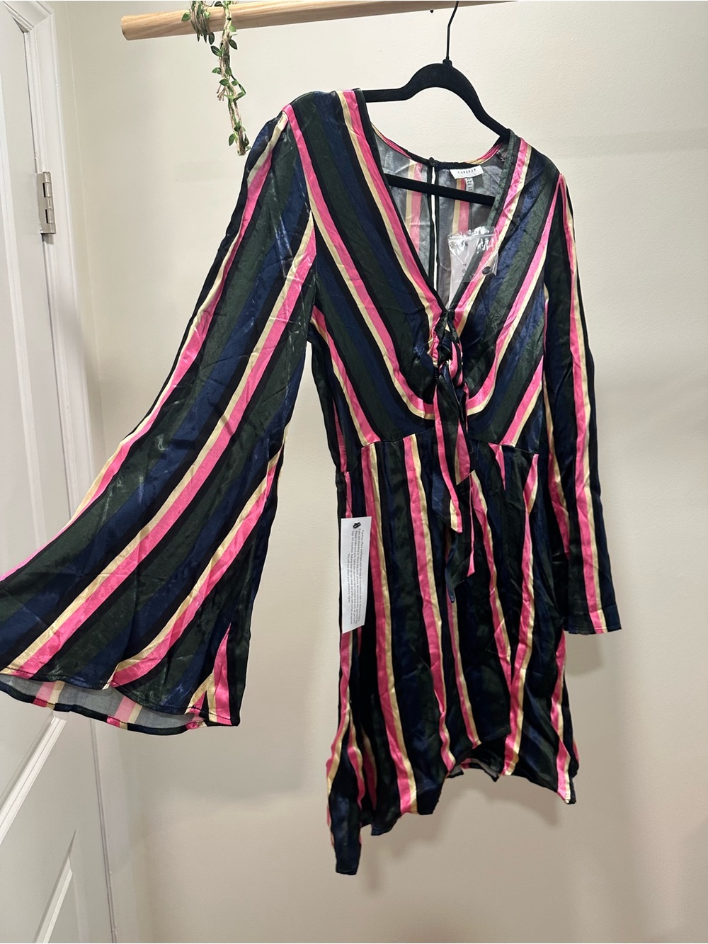 Topshop Navy, Hot Pink & Gold Striped Tie-Front Dress